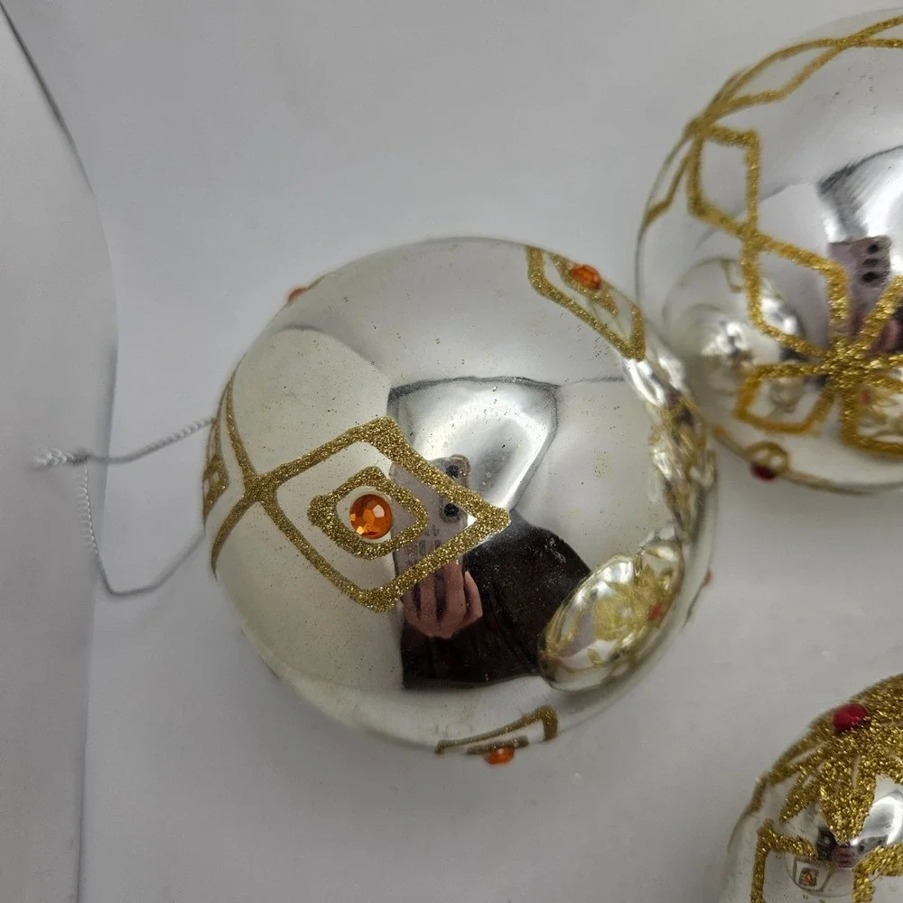 Vintage Glass Christmas Ornaments Lot of 4 Gold Glitter Jeweled Balls